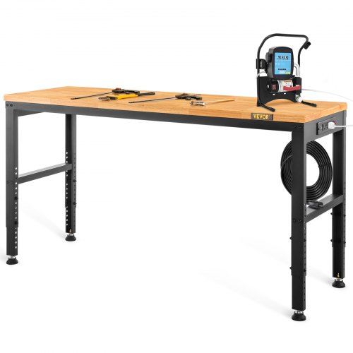 VEVOR Workbench Adjustable Height, 53"L X 18"W X 38.3"H Garage Table w/ 28.5" - 38.3" Heights & 2000 LBS Load Capacity, with Power Outlets & Hardwood Top & Metal Frame & Foot Pads, for Office Home