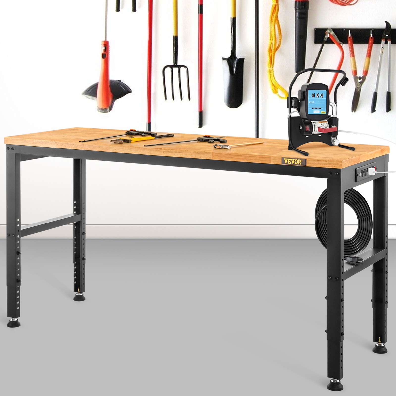 VEVOR Workbench Adjustable Height, 53" L X 18" W X 38.3" H Garage Table w/ 28.5" - 38.3" Heights & 2000 LBS Load Capacity, with Power Outlets & Hardwood Top & Metal Frame & Foot Pads, for Office Home