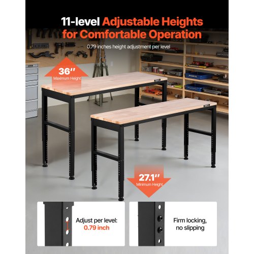 VEVOR Workbench Adjustable Height, 61" x 20" Garage Table w/ 27.1" - 36" Heights & 2000 LBS Load Capacity, with Power Outlets & Hardwood Top & Metal Frame & Foot Pads, for Workshop Office Home