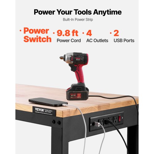 VEVOR Workbench Adjustable Height, 61" x 20" Garage Table w/ 27.1" - 36" Heights & 2000 LBS Load Capacity, with Power Outlets & Hardwood Top & Metal Frame & Foot Pads, for Workshop Office Home