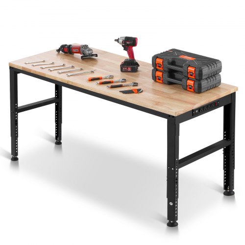 VEVOR Workbench Adjustable Height, 61" x 20" Garage Table w/ 27.1" - 36" Heights & 2000 LBS Load Capacity, with Power Outlets & Hardwood Top & Metal Frame & Foot Pads, for Workshop Office Home