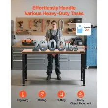 VEVOR Workbench Adjustable Height, 61" x 20" Garage Table w/ 27.1" - 36" Heights & 2000 LBS Load Capacity, with Power Outlets & Hardwood Top & Metal Frame & Foot Pads, for Workshop Office Home