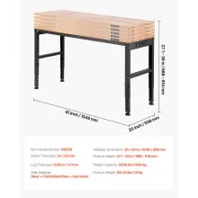 VEVOR Workbench Adjustable Height, 61" x 20" Garage Table w/ 27.1" - 36" Heights & 2000 LBS Load Capacity, with Power Outlets & Hardwood Top & Metal Frame & Foot Pads, for Workshop Office Home