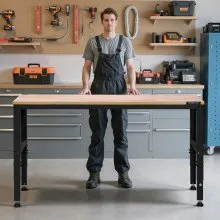 VEVOR Workbench Adjustable Height, 61" x 20" Garage Table w/ 27.1" - 36" Heights & 2000 LBS Load Capacity, with Power Outlets & Hardwood Top & Metal Frame & Foot Pads, for Workshop Office Home