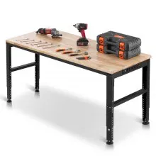 VEVOR Workbench Adjustable Height, 61" x 20" Garage Table w/ 27.1" - 36" Heights & 2000 LBS Load Capacity, with Power Outlets & Hardwood Top & Metal Frame & Foot Pads, for Workshop Office Home