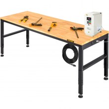 VEVOR Workbench Adjustable Height, 61"L X 20"W X 36"H Garage Table w/ 27.1" - 36" Heights & 2000 LBS Load Capacity, with Power Outlets & Hardwood Top & Metal Frame & Foot Pads, for Office Home