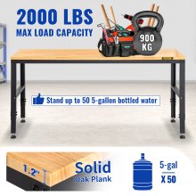 VEVOR Établi à hauteur réglable, table de garage 61"LX 20"WX 36"H avec hauteurs de 27,1" à 36" et capacité de charge de 2000 LBS, avec prises de courant et dessus en bois dur et cadre en métal et repose-pieds, pour la maison de bureau