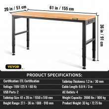 VEVOR Établi à hauteur réglable, table de garage 61"LX 20"WX 36"H avec hauteurs de 27,1" à 36" et capacité de charge de 2000 LBS, avec prises de courant et dessus en bois dur et cadre en métal et repose-pieds, pour la maison de bureau