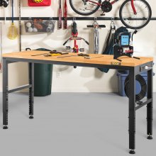 VEVOR Workbench Adjustable Height, 61"L X 20"W X 36"H Garage Table w/ 27.1" - 36" Heights & 2000 LBS Load Capacity, with Power Outlets & Hardwood Top & Metal Frame & Foot Pads, for Office Home