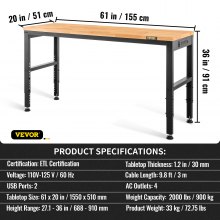VEVOR Workbench Adjustable Height, 61" x 20" Garage Table w/ 27.1" - 36" Heights & 2000 LBS Load Capacity, with Power Outlets & Hardwood Top & Metal Frame & Foot Pads, for Workshop Office Home
