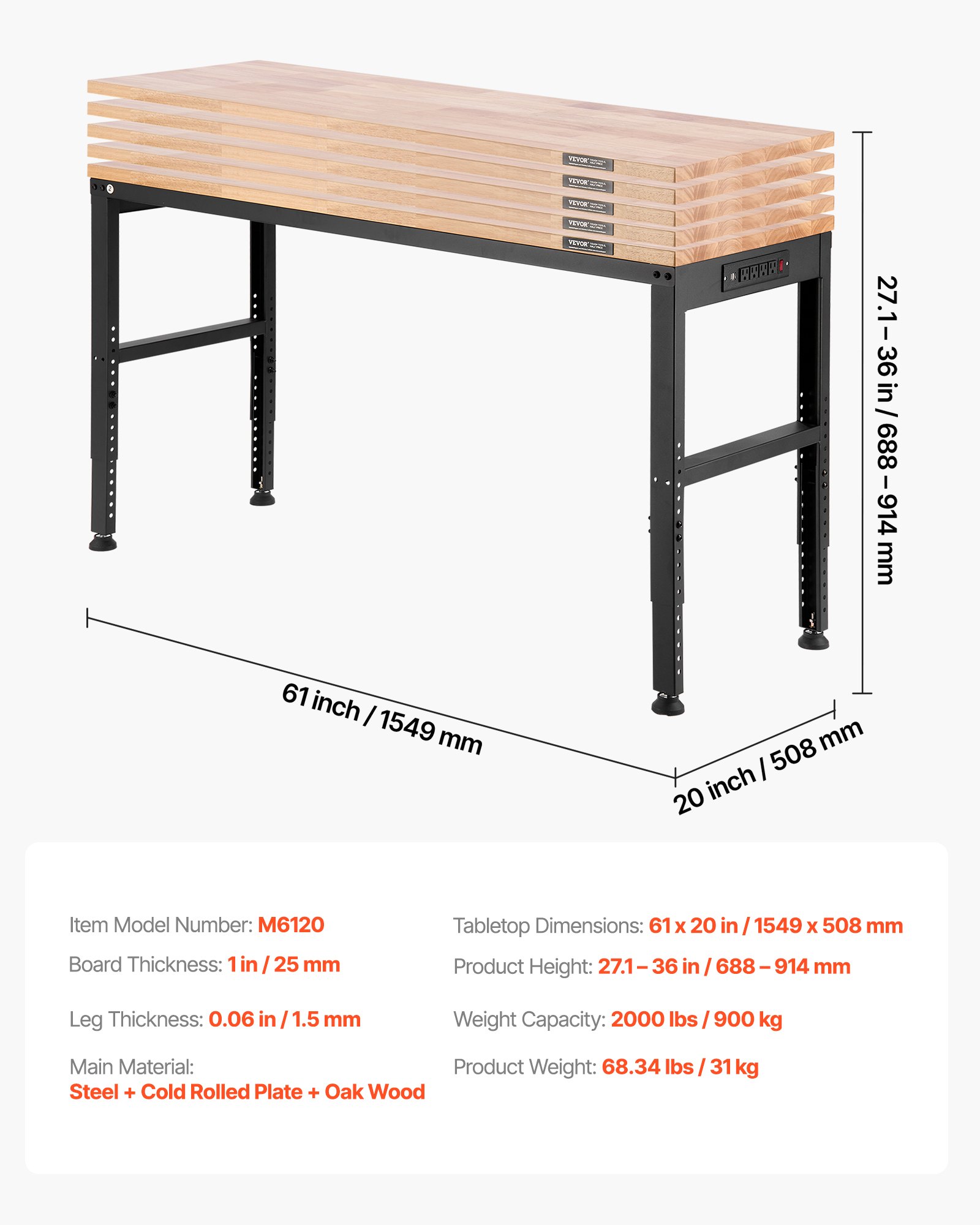 Banc de lucru reglabil VEVOR, capacitate 907 kg, banc de lucru rezistent 155 x 51 cm cu reglare a înălțimii 68,8-91,4 cm, banc de lucru pentru garaj cu prize, potrivit pentru birou, garaj, atelier