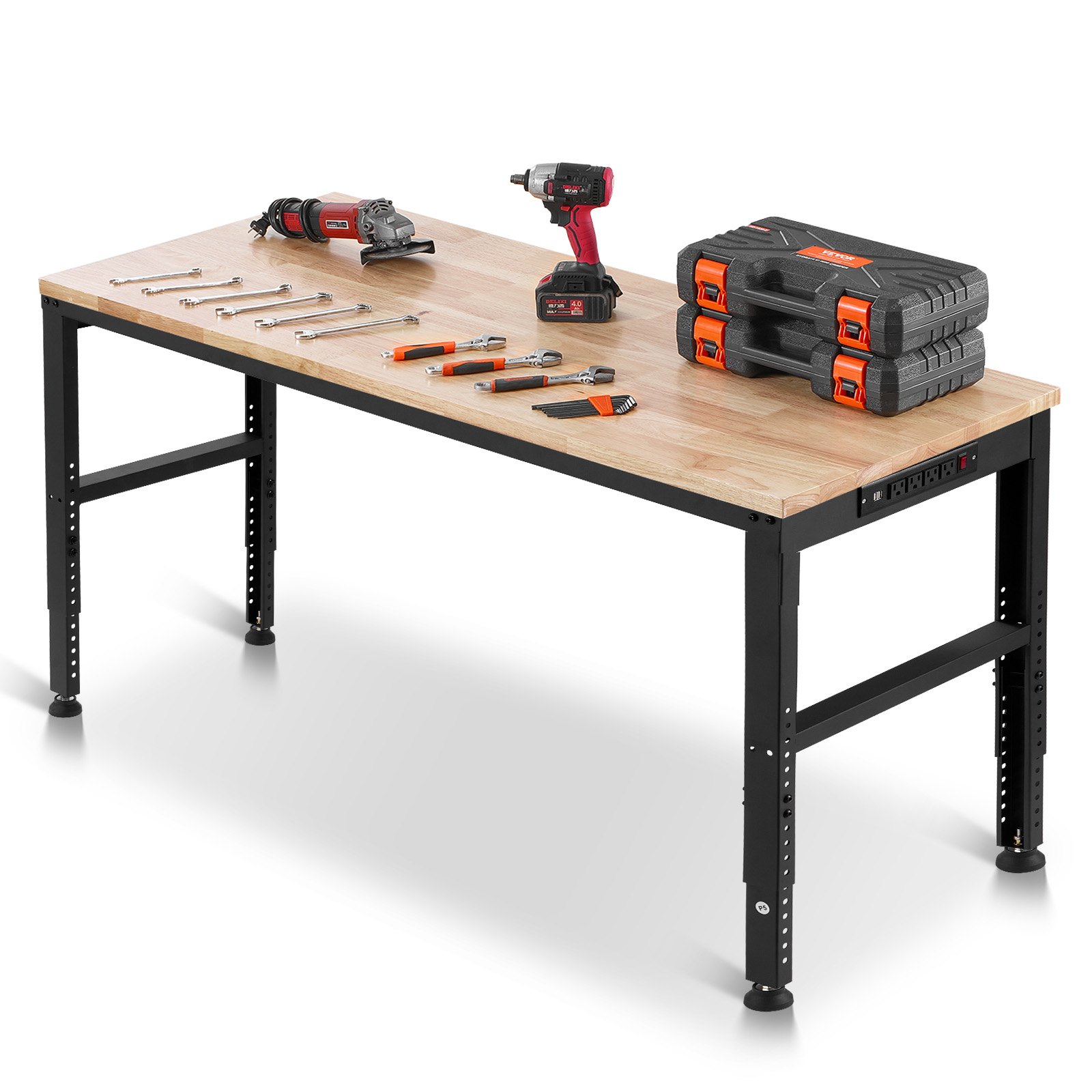 Banc de lucru reglabil VEVOR, capacitate 907 kg, banc de lucru rezistent 155 x 51 cm cu reglare a înălțimii 68,8-91,4 cm, banc de lucru pentru garaj cu prize, potrivit pentru birou, garaj, atelier