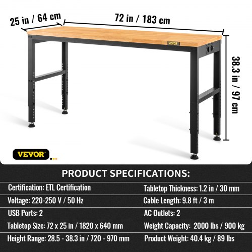 VEVOR Workbench Adjustable Height, 183 x 64 cm Garage Table w/ 72 – 97 cm Heights & 900KG Load Capacity, with Power Outlets & Hardwood Top & Metal Frame & Foot Pads, for Office Home Workshop