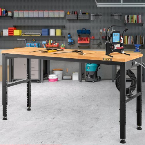 VEVOR Workbench Adjustable Height, 183 x 64 cm Garage Table w/ 72 – 97 cm Heights & 900KG Load Capacity, with Power Outlets & Hardwood Top & Metal Frame & Foot Pads, for Office Home Workshop