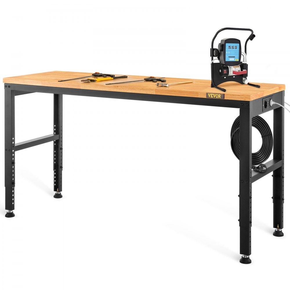 Pracovní stůl VEVOR Nastavitelná výška, 183 x 64 cm Garážový stůl s výškou 72 – 97 cm a nosností 900 kg, s elektrickými zásuvkami a deskou z tvrdého dřeva a kovovým rámem a podložkami, pro kancelářskou domácí dílnu