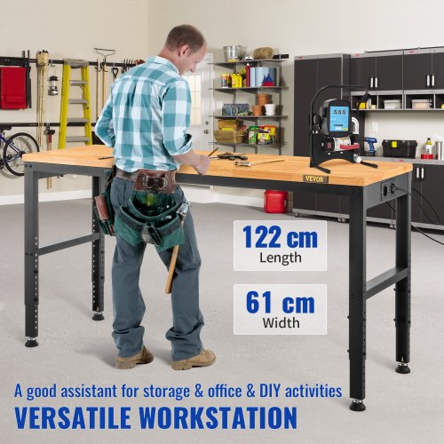 VEVOR Workbench Adjustable Height, 122cm W X 61cm D X 97cm H Garage Table w/ 72 – 97 cm Heights & 900KG Load Capacity, with Power Outlets & Hardwood Top & Metal Frame & Foot Pads, for Office Home