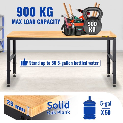 VEVOR Workbench Adjustable Height, 122cm W X 61cm D X 97cm H Garage Table w/ 72 – 97 cm Heights & 900KG Load Capacity, with Power Outlets & Hardwood Top & Metal Frame & Foot Pads, for Office Home