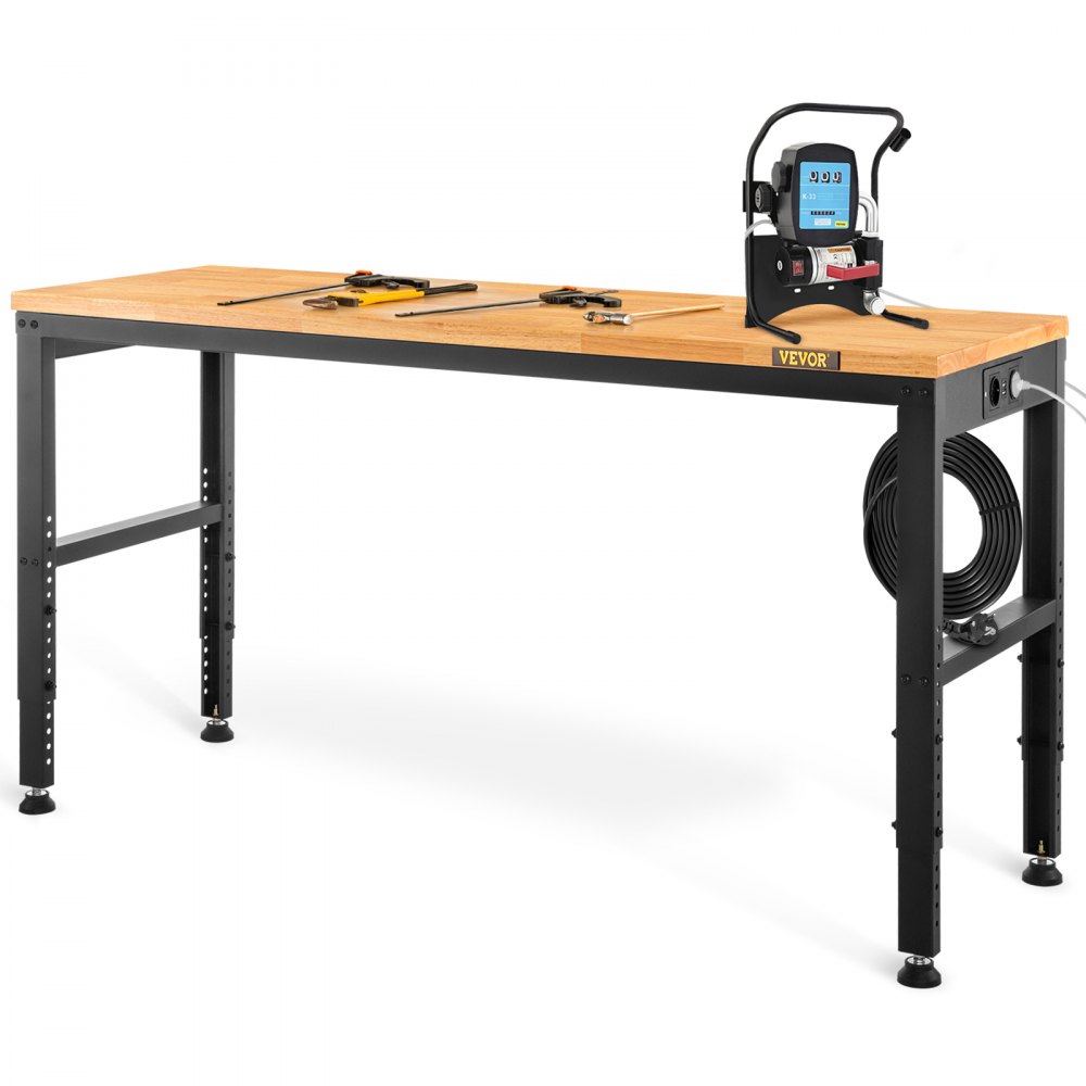 Pracovný stôl VEVOR Nastaviteľná výška, 122 cm ŠX 61 cm DX 97 cm V Garážový stôl s výškou 72 – 97 cm a nosnosťou 900 kg, s napájacími zásuvkami a doskou z tvrdého dreva a kovovým rámom a podložkami, pre kancelársku domácnosť