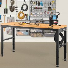 VEVOR Workbench Adjustable Height, 122cm W X 61cm D X 97cm H Garage Table w/ 72 – 97 cm Heights & 900KG Load Capacity, with Power Outlets & Hardwood Top & Metal Frame & Foot Pads, for Office Home