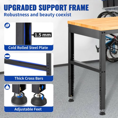VEVOR Workbench Adjustable Height, 135cm W X 46cm D X 97cm H Garage Table w/ 72 – 97 cm Heights & 900KG Load Capacity, with Power Outlets & Hardwood Top & Metal Frame & Foot Pads, for Office Home
