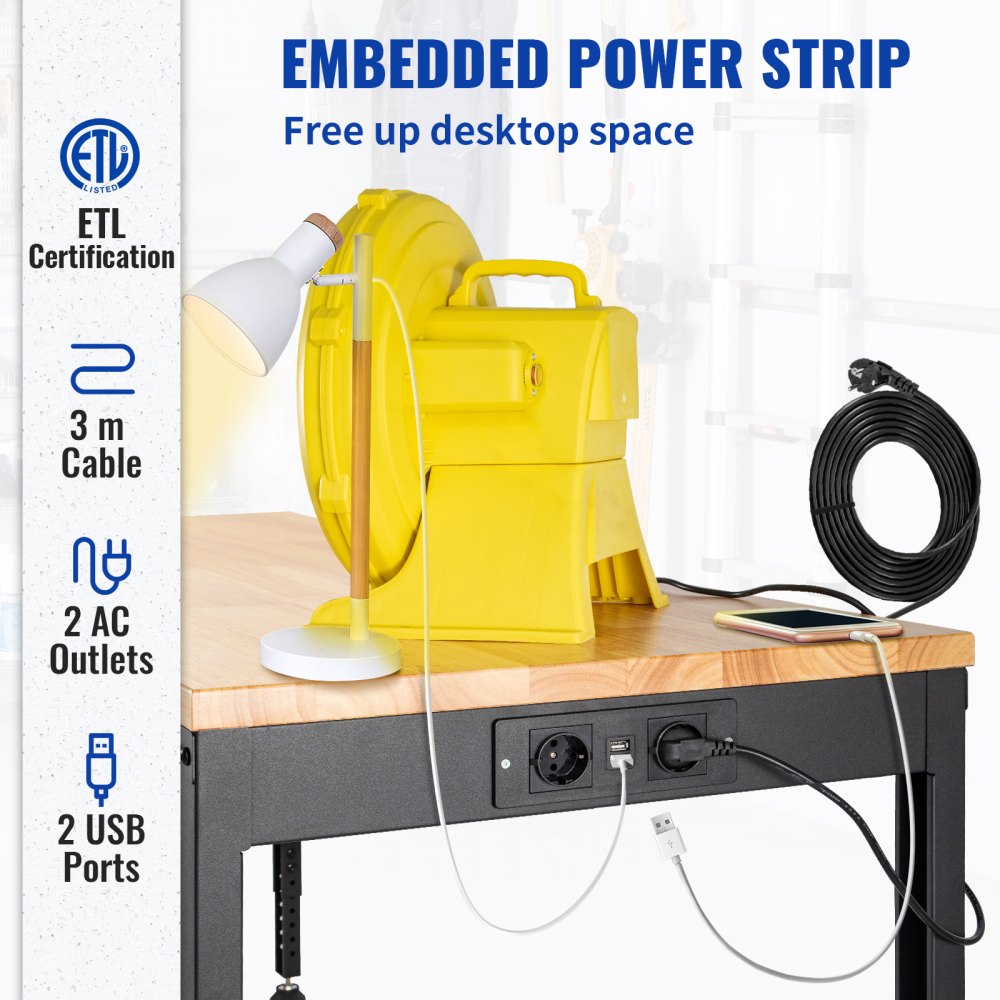 VEVOR Adjustable Height Workbench 135x46x97 cm Work Bench Table w/ Power Outlets