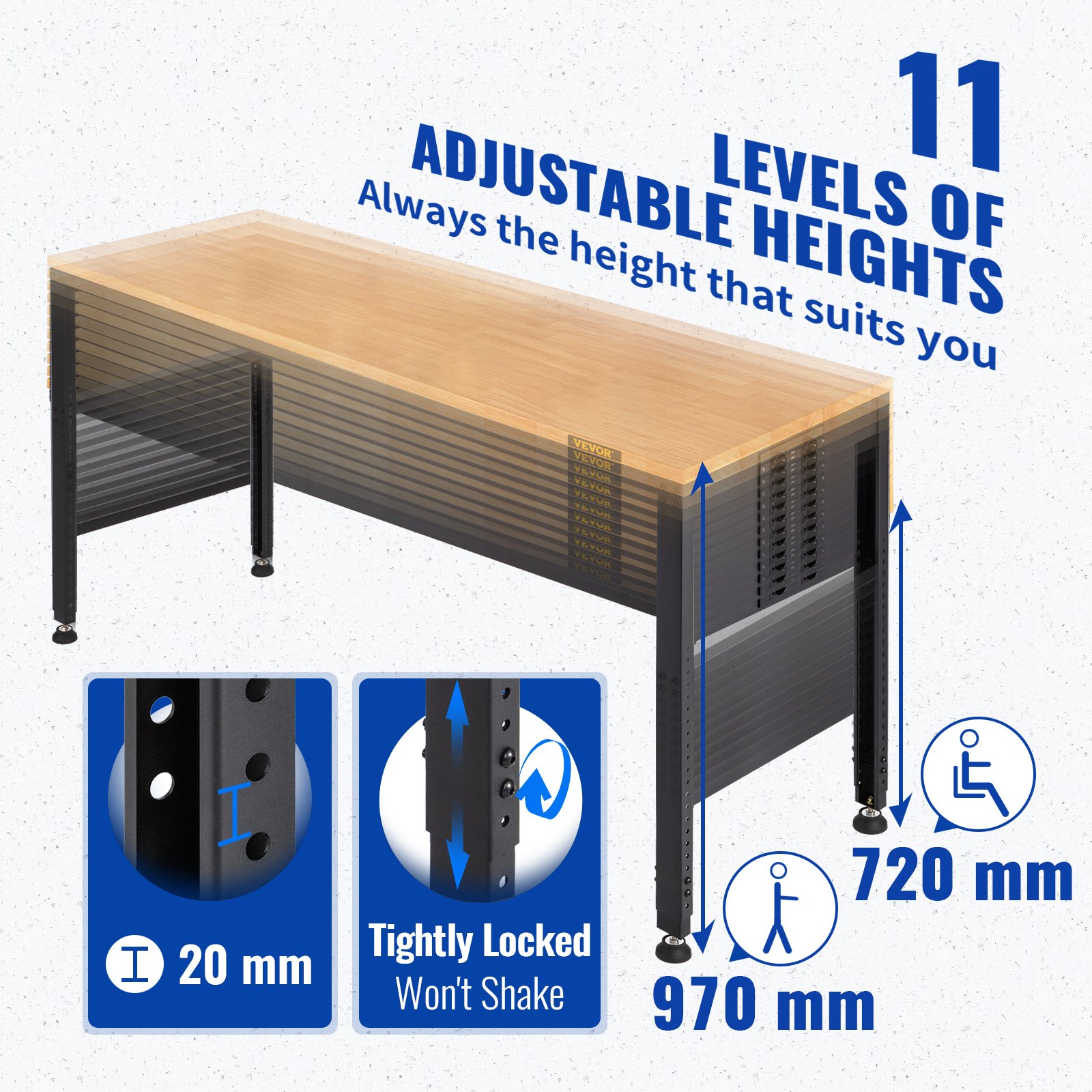 VEVOR Adjustable Height Workbench 135x46x97 cm Work Bench Table w/ Power Outlets