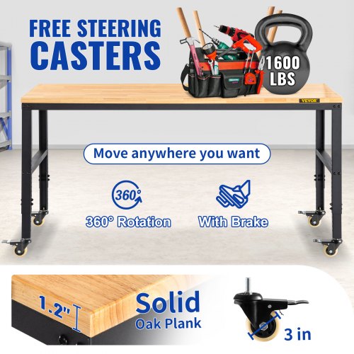 VEVOR Workbench Adjustable Height, 61"x 20" Garage Table with 31.3" - 41.3" Heights and 1600 LBS Capacity, Power Outlets & Hardwood Top & Metal Frame & Swivel Casters, for Workshop Office Home