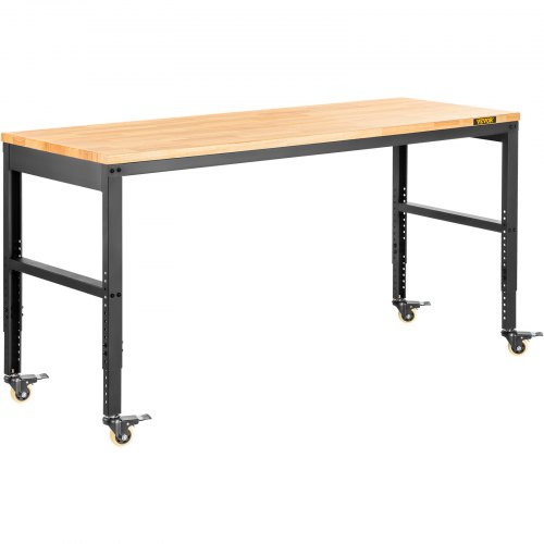 VEVOR Workbench Adjustable Height, 61"x 20" Garage Table with 31.3" - 41.3" Heights and 1600 LBS Capacity, Power Outlets & Hardwood Top & Metal Frame & Swivel Casters, for Workshop Office Home