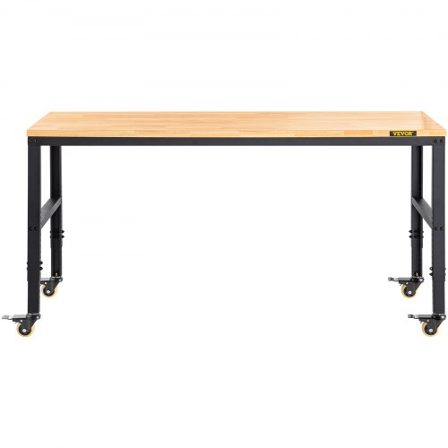 VEVOR Workbench Adjustable Height, 61"x 20" Garage Table with 31.3" - 41.3" Heights and 1600 LBS Capacity, Power Outlets & Hardwood Top & Metal Frame & Swivel Casters, for Workshop Office Home
