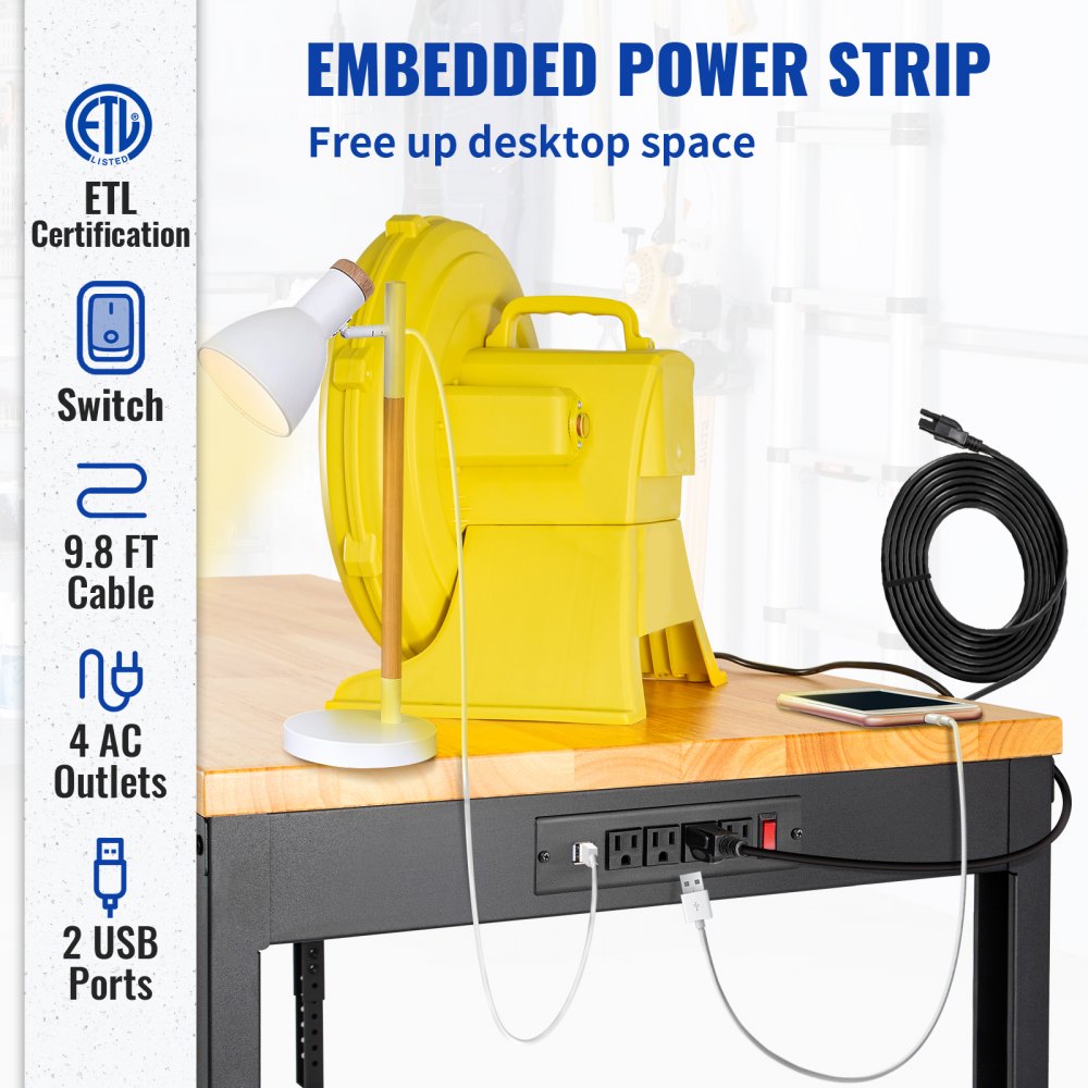 VEVOR Workbench Adjustable Height, 61"x 20" Garage Table with 31.3" - 41.3" Heights and 1600 LBS Capacity, Power Outlets & Hardwood Top & Metal Frame & Swivel Casters, for Workshop Office Home