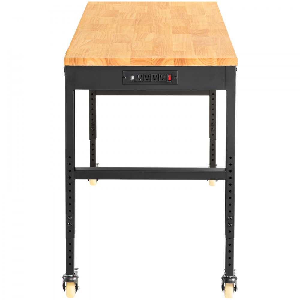 VEVOR Workbench Adjustable Height, 61"x 20" Garage Table with 31.3" - 41.3" Heights and 1600 LBS Capacity, Power Outlets & Hardwood Top & Metal Frame & Swivel Casters, for Workshop Office Home