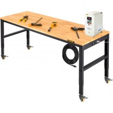VEVOR Workbench Adjustable Height, 61"x 20" Garage Table with 31.3" - 41.3" Heights and 1600 LBS Capacity, Power Outlets & Hardwood Top & Metal Frame & Swivel Casters, for Workshop Office Home