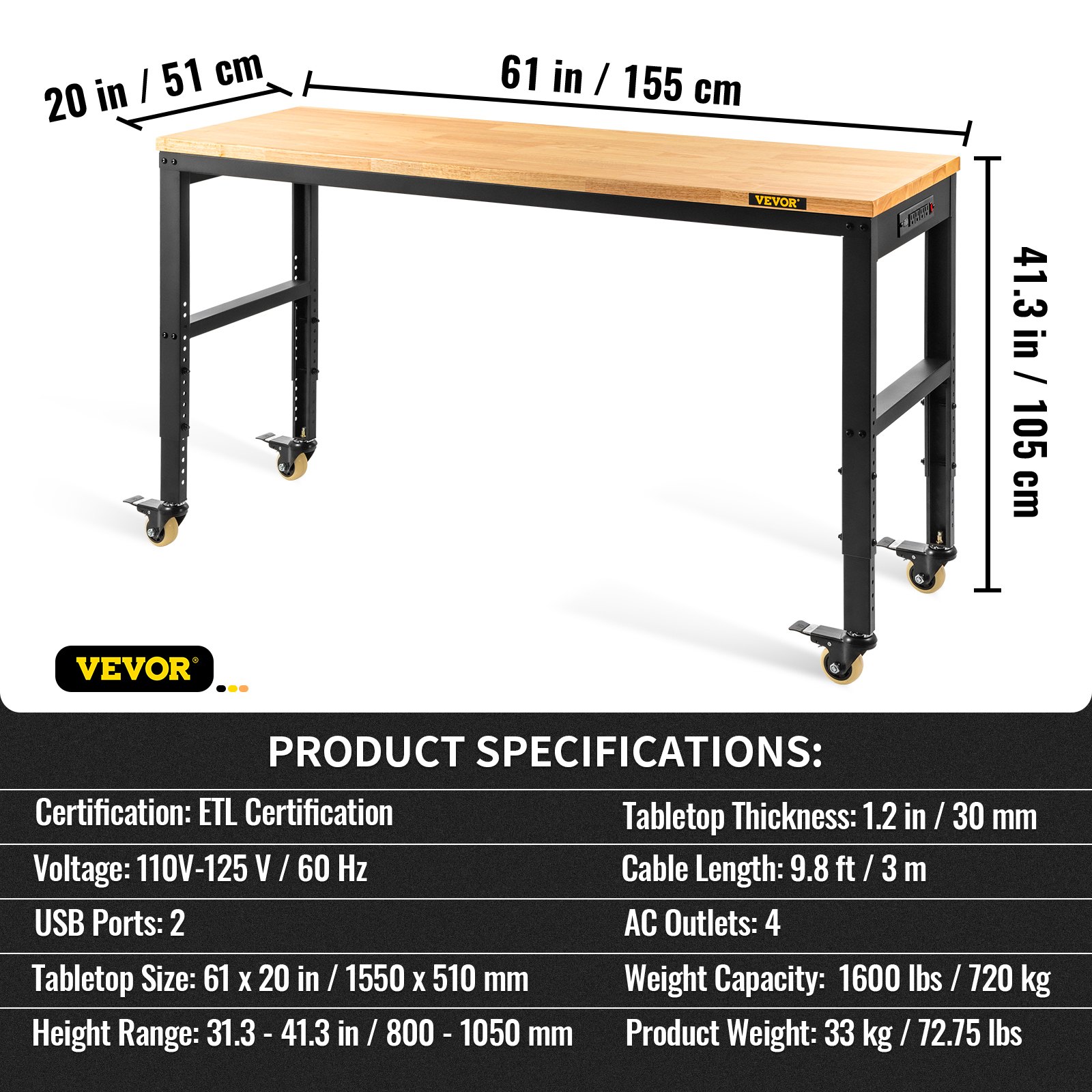 VEVOR Workbench Adjustable Height, 61"x 20" Garage Table with 31.3" - 41.3" Heights and 1600 LBS Capacity, Power Outlets & Hardwood Top & Metal Frame & Swivel Casters, for Workshop Office Home