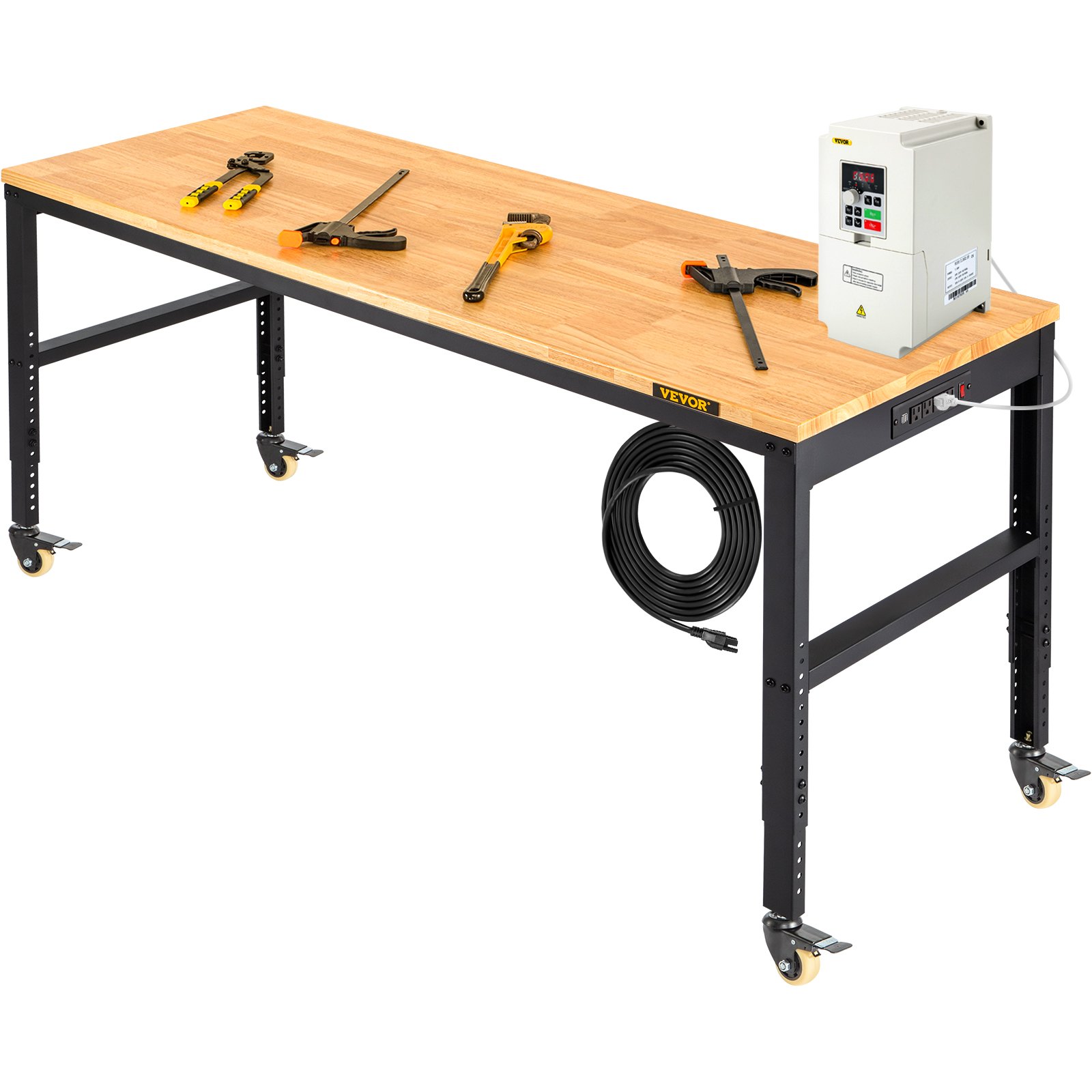 VEVOR Workbench Adjustable Height, 61"x 20" Garage Table with 31.3" - 41.3" Heights and 1600 LBS Capacity, Power Outlets & Hardwood Top & Metal Frame & Swivel Casters, for Workshop Office Home