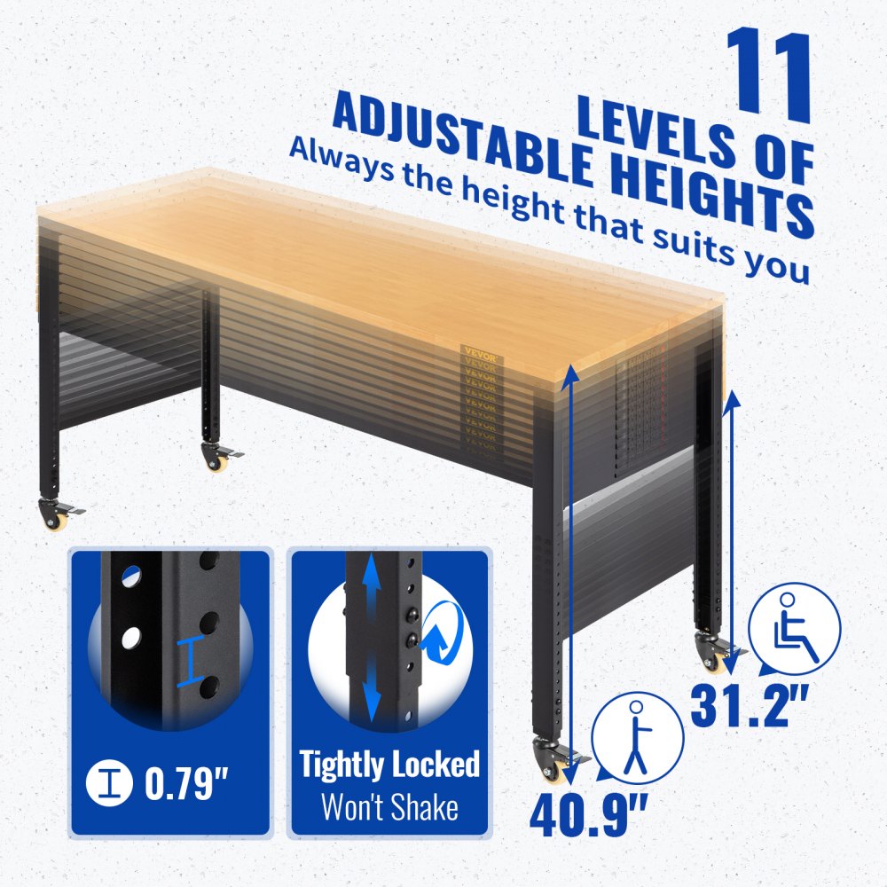 VEVOR Workbench Adjustable Height, 48" L X 24" W X 40.9" H Garage Table w/ 31.2" - 40.9" Heights & 1600 LBS Capacity, with Power Outlets & Hardwood Top & Metal Frame & Swivel Casters, for Office Home