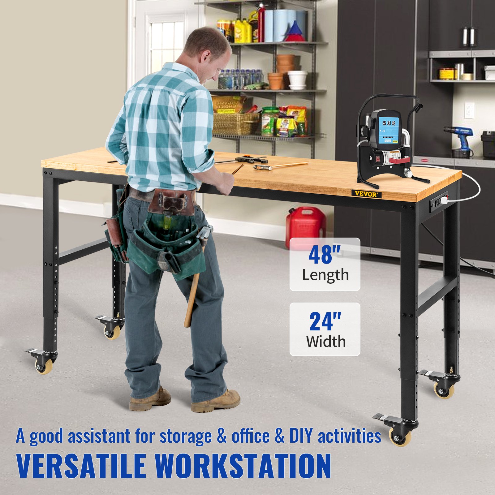 VEVOR Workbench Adjustable Height, 48" L X 24" W X 40.9" H Garage Table w/ 31.2" - 40.9" Heights & 1600 LBS Capacity, with Power Outlets & Hardwood Top & Metal Frame & Swivel Casters, for Office Home