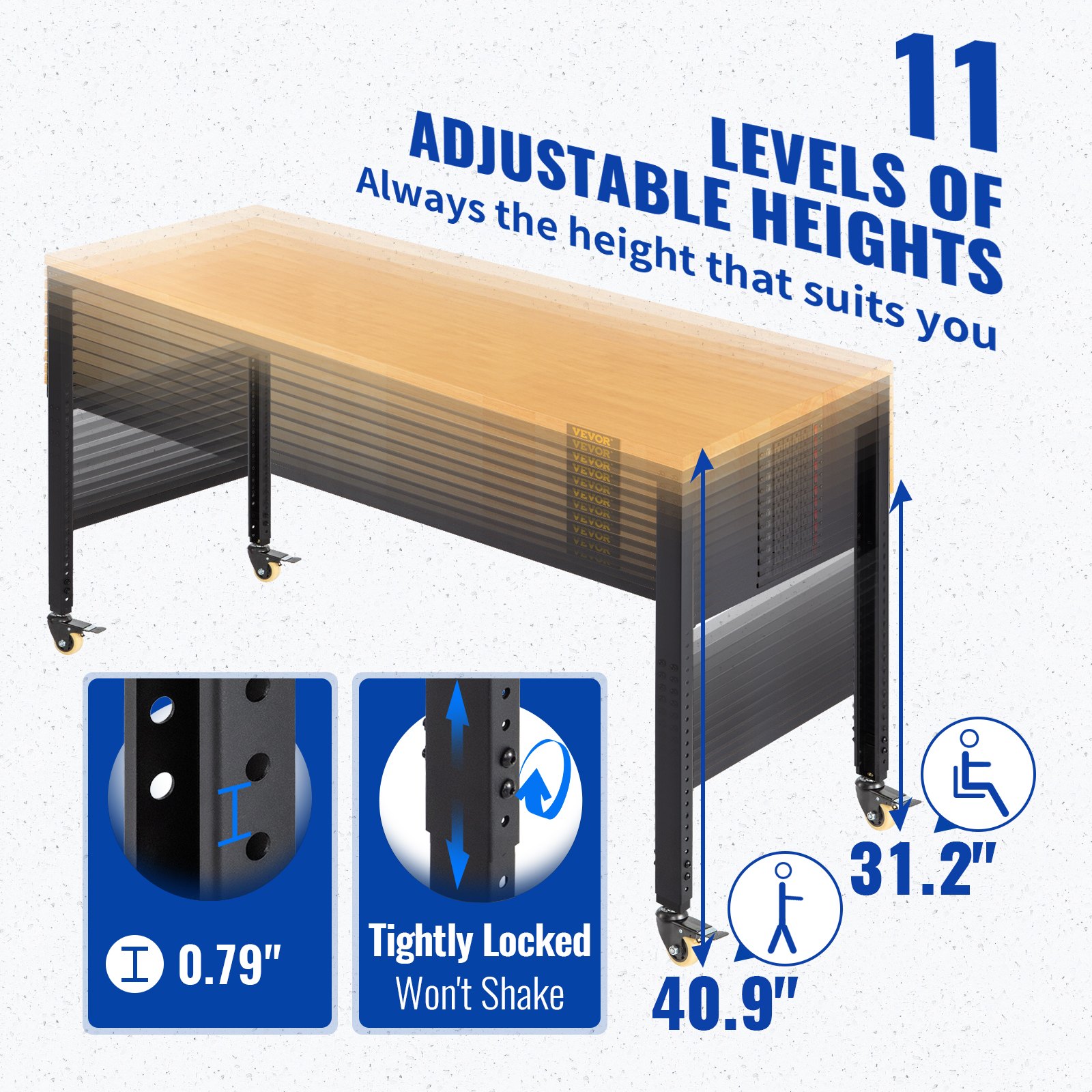 VEVOR Workbench Adjustable Height, 48" L X 24" W X 40.9" H Garage Table w/ 31.2" - 40.9" Heights & 1600 LBS Capacity, with Power Outlets & Hardwood Top & Metal Frame & Swivel Casters, for Office Home