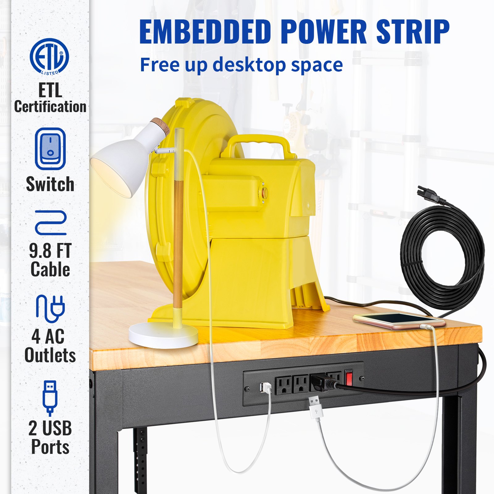 VEVOR Workbench Adjustable Height, 48" L X 24" W X 40.9" H Garage Table w/ 31.2" - 40.9" Heights & 1600 LBS Capacity, with Power Outlets & Hardwood Top & Metal Frame & Swivel Casters, for Office Home