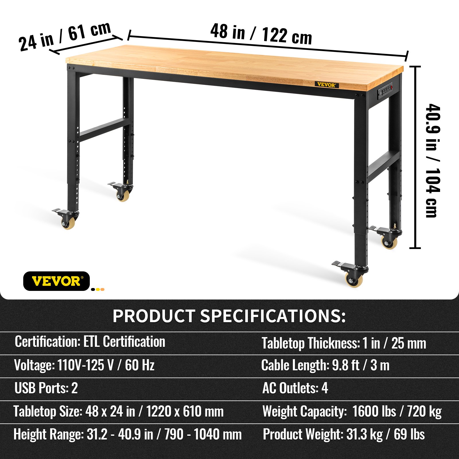 VEVOR Workbench Adjustable Height, 48" L X 24" W X 40.9" H Garage Table w/ 31.2" - 40.9" Heights & 1600 LBS Capacity, with Power Outlets & Hardwood Top & Metal Frame & Swivel Casters, for Office Home