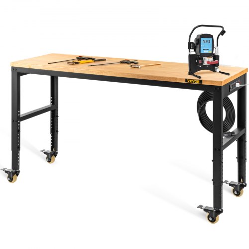 VEVOR Workbench Adjustable Height, 48" L X 20" W X 40.9" H Garage Table w/ 31.2" - 40.9" Heights & 1600 LBS Capacity, with Power Outlets & Hardwood Top & Metal Frame & Swivel Casters, for Office Home
