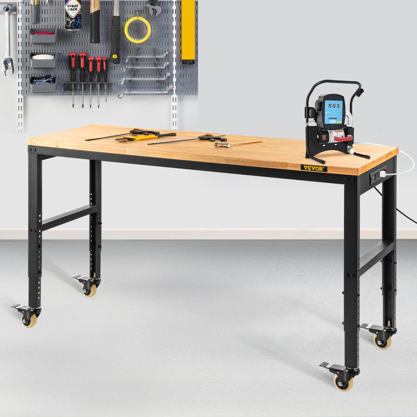 VEVOR Workbench Adjustable Height, 48" L X 20" W X 40.9" H Garage Table w/ 31.2" - 40.9" Heights & 1600 LBS Capacity, with Power Outlets & Hardwood Top & Metal Frame & Swivel Casters, for Office Home