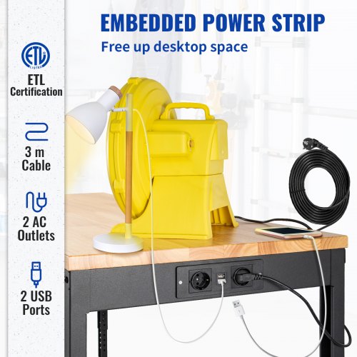 VEVOR Workbench Adjustable Height, 155 x 51 cm Garage Table w/ 80 – 105 cm Heights & 720KG Capacity, with Power Outlets & Hardwood Top & Metal Frame & Swivel Casters, for Office Home Workshop
