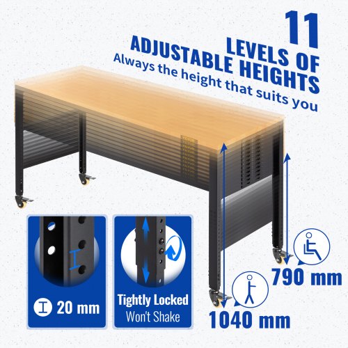 VEVOR Workbench Adjustable Height, 122cm W X 51cm D X 104cm H Garage Table w/ 79 – 104 cm Heights & 720KG Capacity, with Power Outlets & Hardwood Top & Metal Frame & Swivel Casters, for Office Home