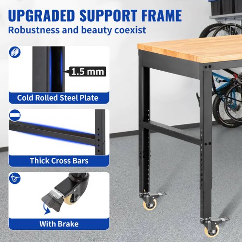 VEVOR Workbench Adjustable Height, 122cm W X 51cm D X 104cm H Garage Table w/ 79 – 104 cm Heights & 720KG Capacity, with Power Outlets & Hardwood Top & Metal Frame & Swivel Casters, for Office Home