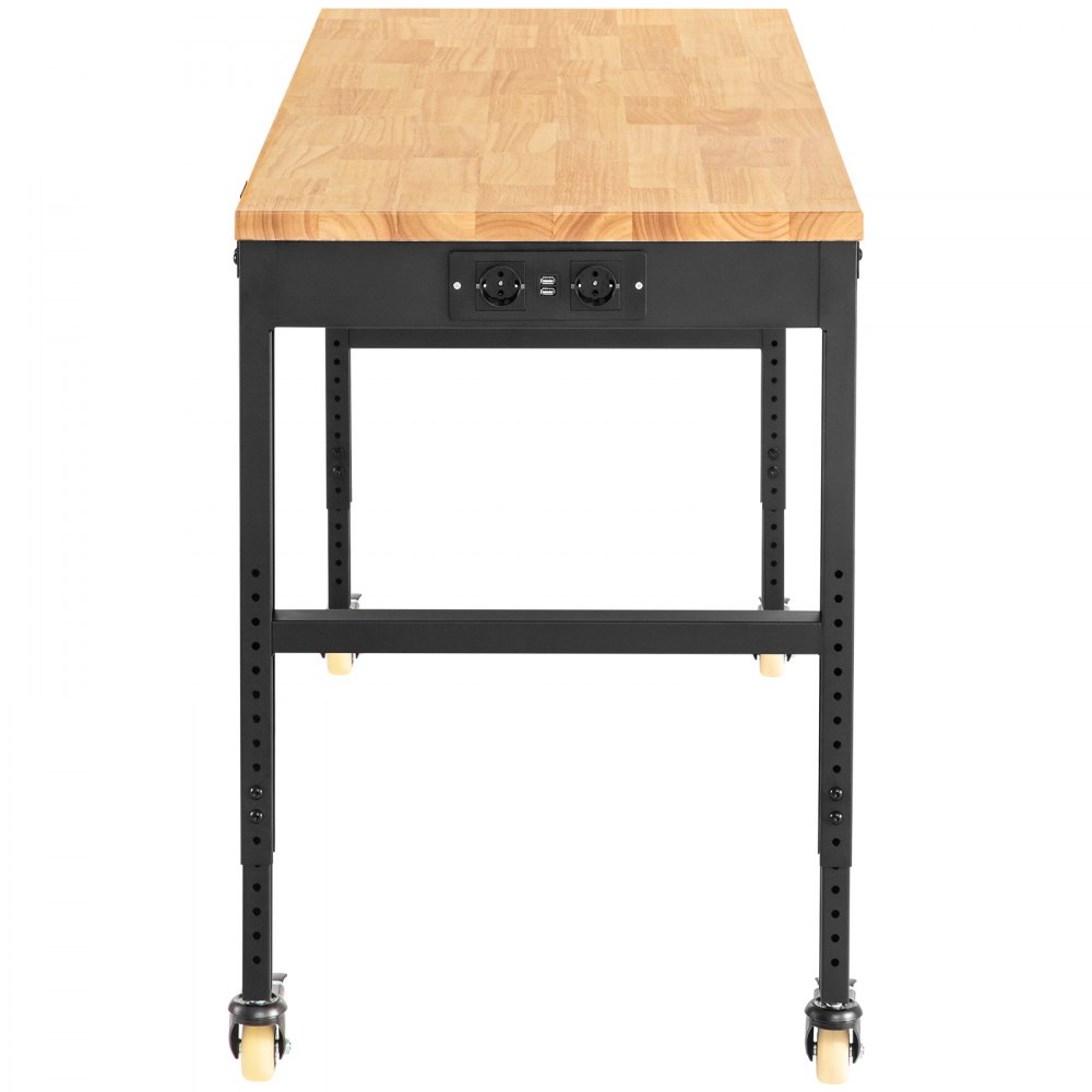 VEVOR Workbench Adjustable Height, 122cm W X 51cm D X 104cm H Garage Table w/ 79 – 104 cm Heights & 720KG Capacity, with Power Outlets & Hardwood Top & Metal Frame & Swivel Casters, for Office Home