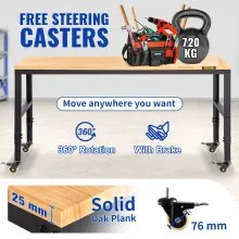 VEVOR Workbench Adjustable Height, 122cm W X 51cm D X 104cm H Garage Table w/ 79 – 104 cm Heights & 720KG Capacity, with Power Outlets & Hardwood Top & Metal Frame & Swivel Casters, for Office Home