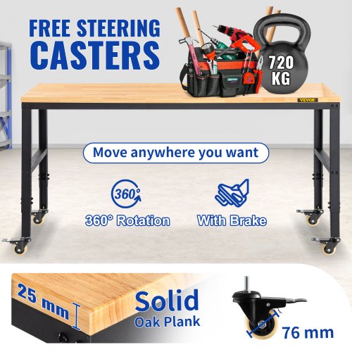 VEVOR Workbench Adjustable Height, 122cm W X 61cm D X 104cm H Garage Table w/ 79 – 104 cm Heights & 720KG Capacity, with Power Outlets & Hardwood Top & Metal Frame & Swivel Casters, for Office Home