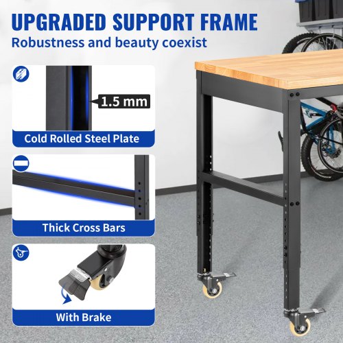 VEVOR Workbench Adjustable Height, 122cm W X 61cm D X 104cm H Garage Table w/ 79 – 104 cm Heights & 720KG Capacity, with Power Outlets & Hardwood Top & Metal Frame & Swivel Casters, for Office Home