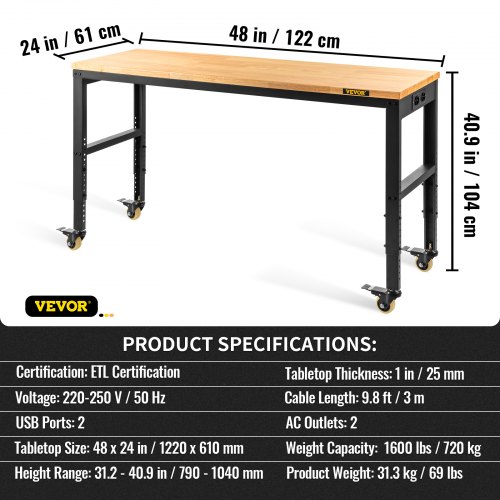 VEVOR Workbench Adjustable Height, 122cm W X 61cm D X 104cm H Garage Table w/ 79 – 104 cm Heights & 720KG Capacity, with Power Outlets & Hardwood Top & Metal Frame & Swivel Casters, for Office Home