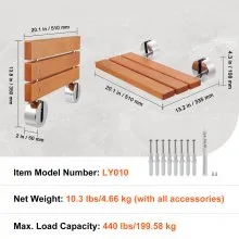 VEVOR Folding Teak Shower Seat, 20.1" x 13.2" Unfolded, Wall Mounted Fold Up Shower Bench with 440 lbs Load Capacity, Space Saving Home Care Fold Down Shower Chair, for Seniors Pregnant Women Children